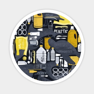 Our plastic planet // print // black background grey endangered animal species with yellow white and transparent plastic waste Magnet